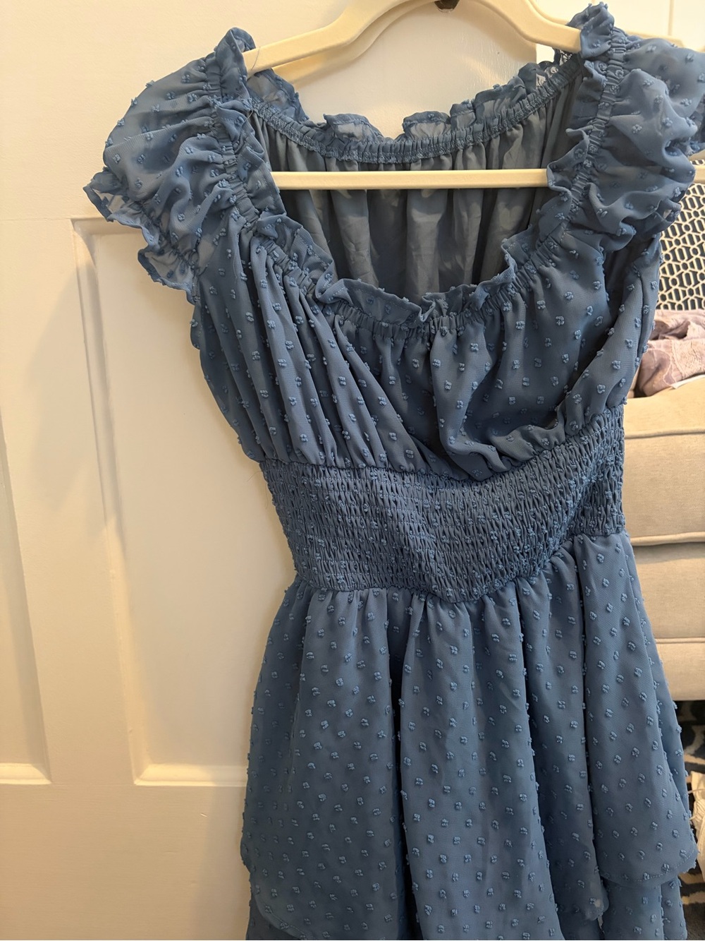 Blue Smocked Ruffle-Trim Women' Dress